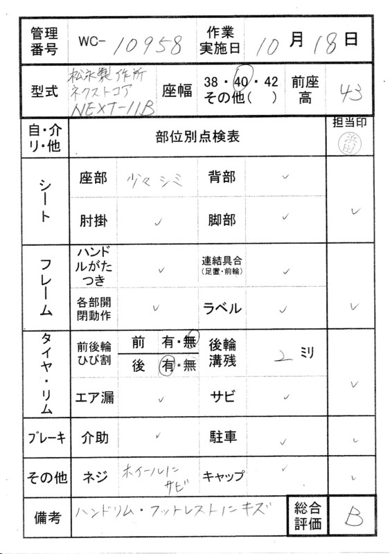 【Bランク 中古 車椅子】松永製作所 自走式車椅子 ネクストコア NEXT