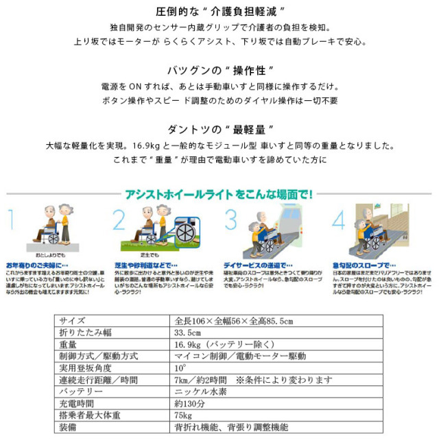【Aランク 中古 介助用電動アシスト車椅子】ナブテスコ アシストホイ