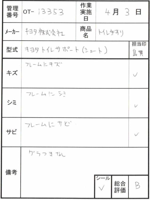 【Bランク 中古 手すり】キヨタ トイレサポート ショートタイプ KT-1
