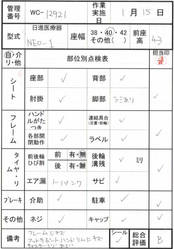 【Bランク 中古 車椅子】日進医療器 自走式車椅子 NEO-1  (WC-12921)