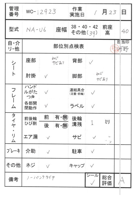 【Aランク 中古 車椅子】日進医療器 自走式車椅子 NA-U6(室内用)(WC-