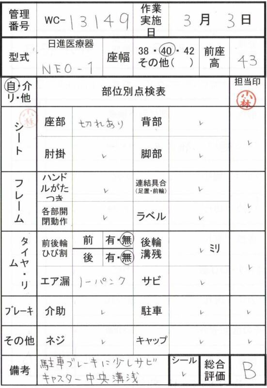 【Bランク 中古 車椅子】日進医療器 自走式車椅子 NEO-1  (WC-13149)