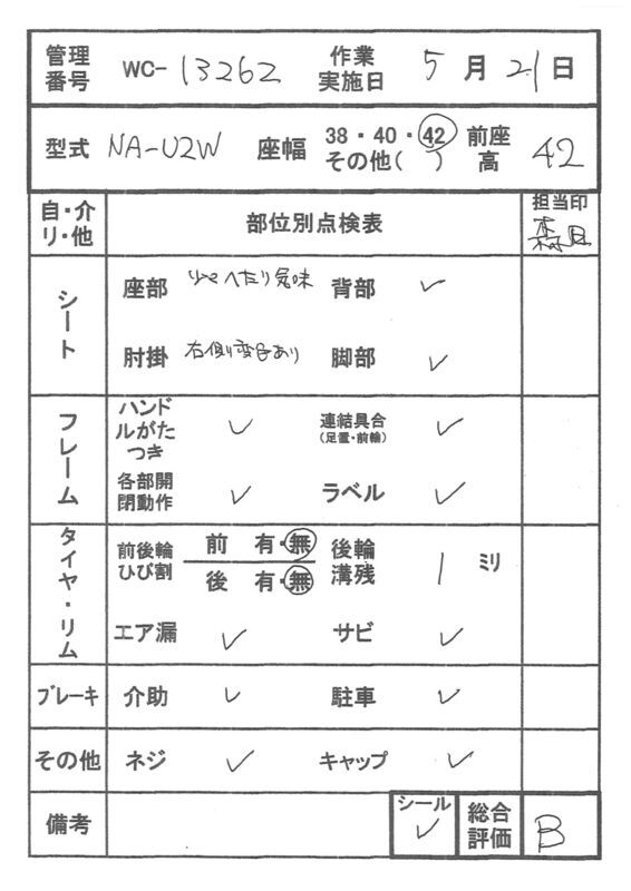 【Bランク 中古 車椅子】日進医療器 自走式車椅子 NA-U2W(42幅) (WC-