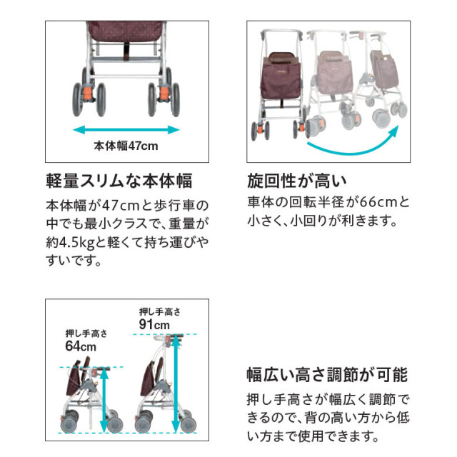 【美品、送料込み】歩行車テイコブリトルスリムWAW04介護用品押して高さ調整可 幸和製作所 歩行車 テイコブリトルスリム WAW04-NV 1台（直送品