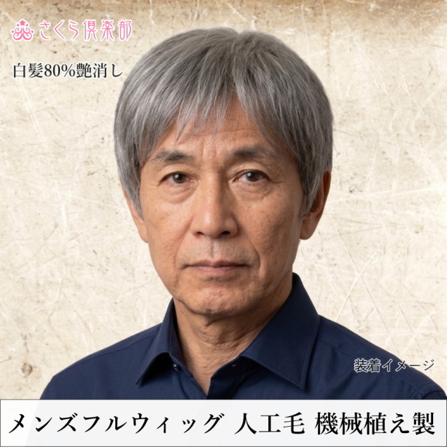 メンズフルウィッグ 男性用 全かつら  人工毛 機械植え製 白髪80% MM023 医療用ウィッグにもお薦め。
