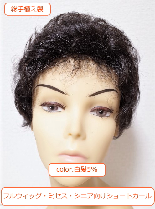 フルウィッグ ミセス・シニア向け ショートカール総手植え製 5%白髪