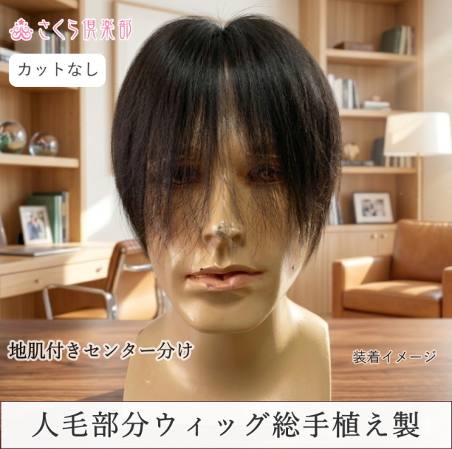 人毛100% 男性用部分ウィッグ Lサイズ（top-07）センター分け地肌付き