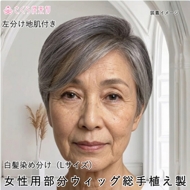 人毛100%女性用メンズ部分ウィッグLサイズ 白髪染め分け 総手植え製 左分け top-1000