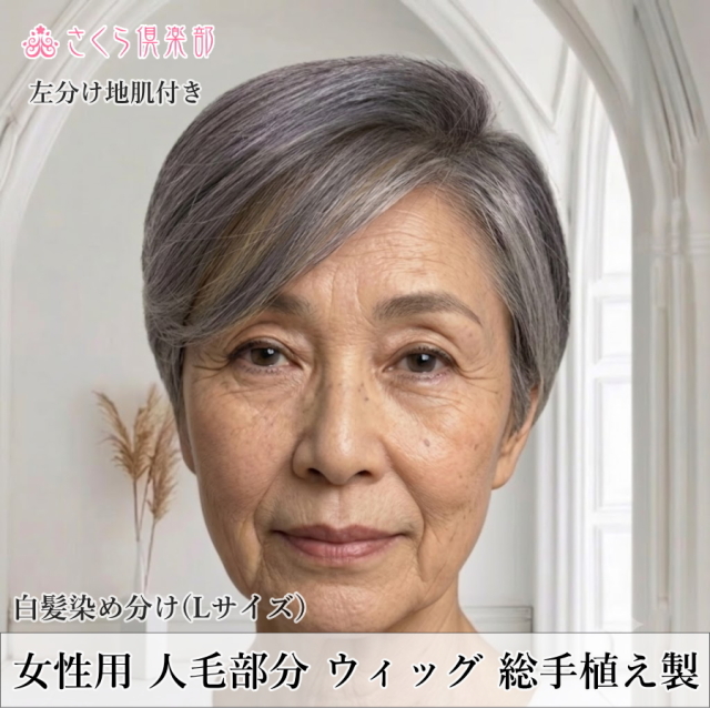 人毛100%女性用メンズ部分ウィッグLサイズ 白髪染め分け 総手植え製 左分け top-1000