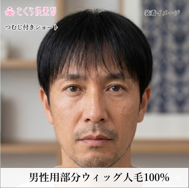 人毛100% 男性用部分ウィッグM. Lサイズ各種（top-300）ショートつむじ付き