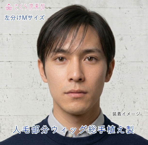 男性用メンズ部分ウィッグ人毛  左分けストレート Mサイズ top-dx2an