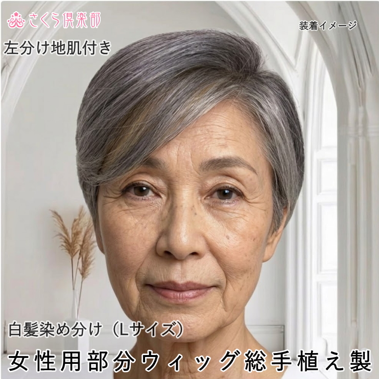 人毛100%女性用メンズ部分ウィッグLサイズ 白髪染め分け 総手植え製 左分け top-1000