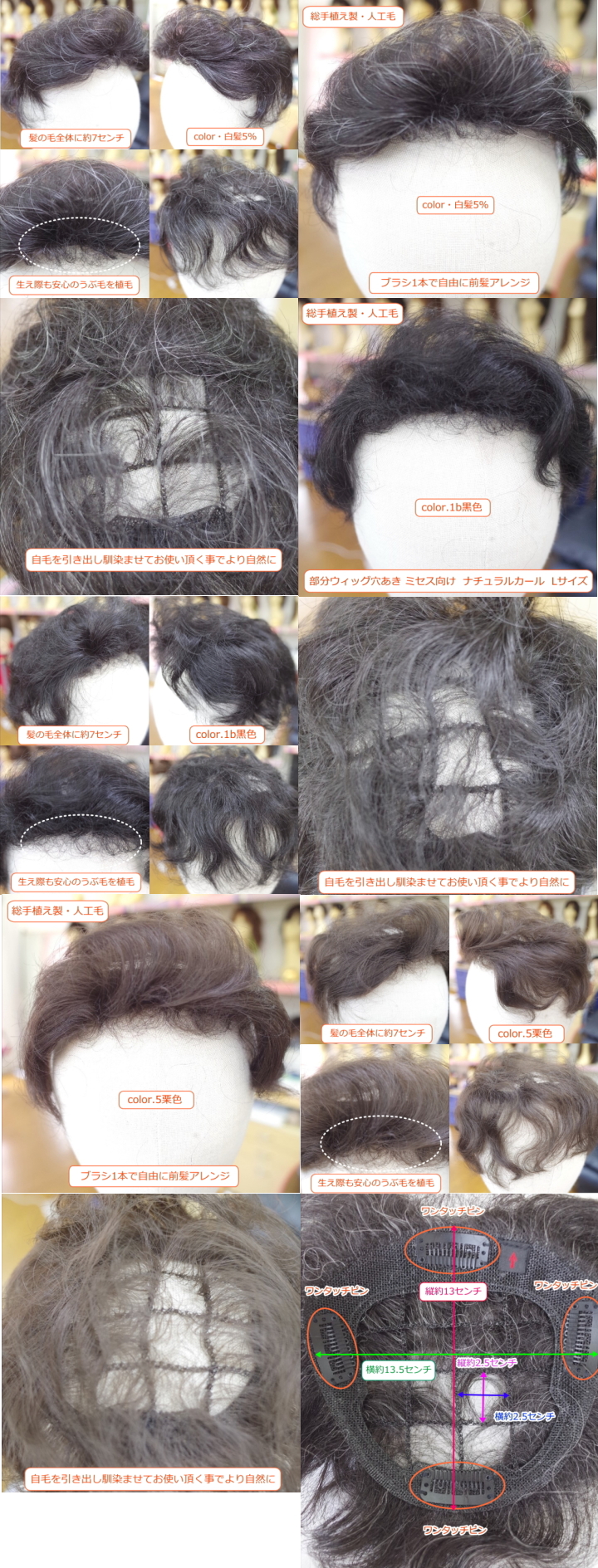 部分ウィッグ穴あき かつら ミセス向け 人工毛 ショートカール Lサイズ 総手植え製 top-200白髪5%・黒色・栗色 詳細画像各種