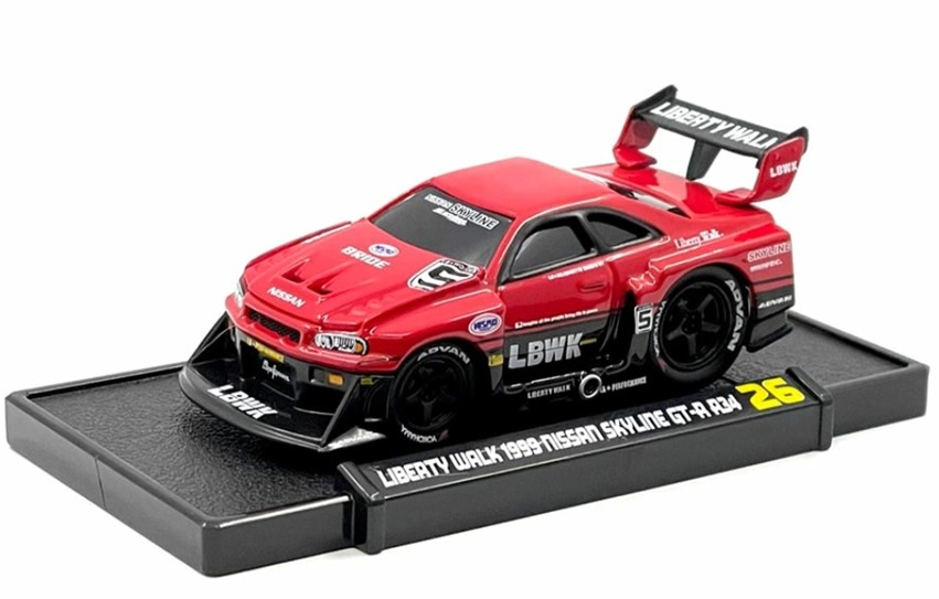 ミニカー　MAISTO マイスト Muscle Machinesシリーズ  ダイキャスト　1/64　15566RD　LBWK GT-R R34 1999  日産 Skyline #5 リバティウォーク レッド&ブラック　0090159155669