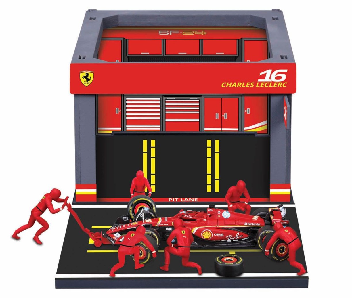 ミニカー　BURAGO（ブラゴ） ダイキャストモデル　1/43　18-36862L　フェラーリ PIT PASSセット SF-24 No,16 C.ルクレール (クルー×6pcs、パドックガレージ)　4548565512300