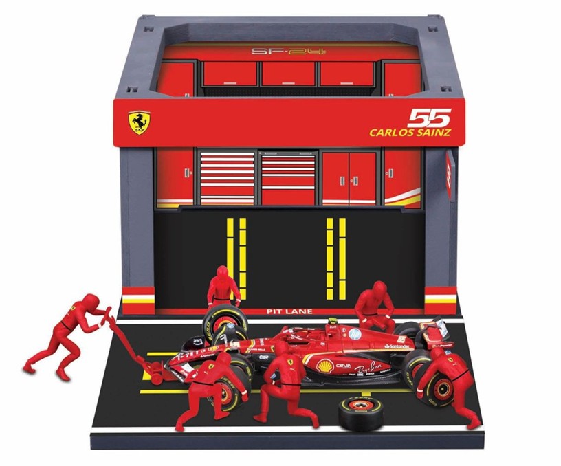 予約品　2026年2月頃　ミニカー　BURAGO（ブラゴ） ダイキャストモデル　1/43　18-36862S　フェラーリ PIT PASSセット SF-24 No,55  C.サインツ Jr. (クルー×6pcs、パドックガレージ)　4548565512317