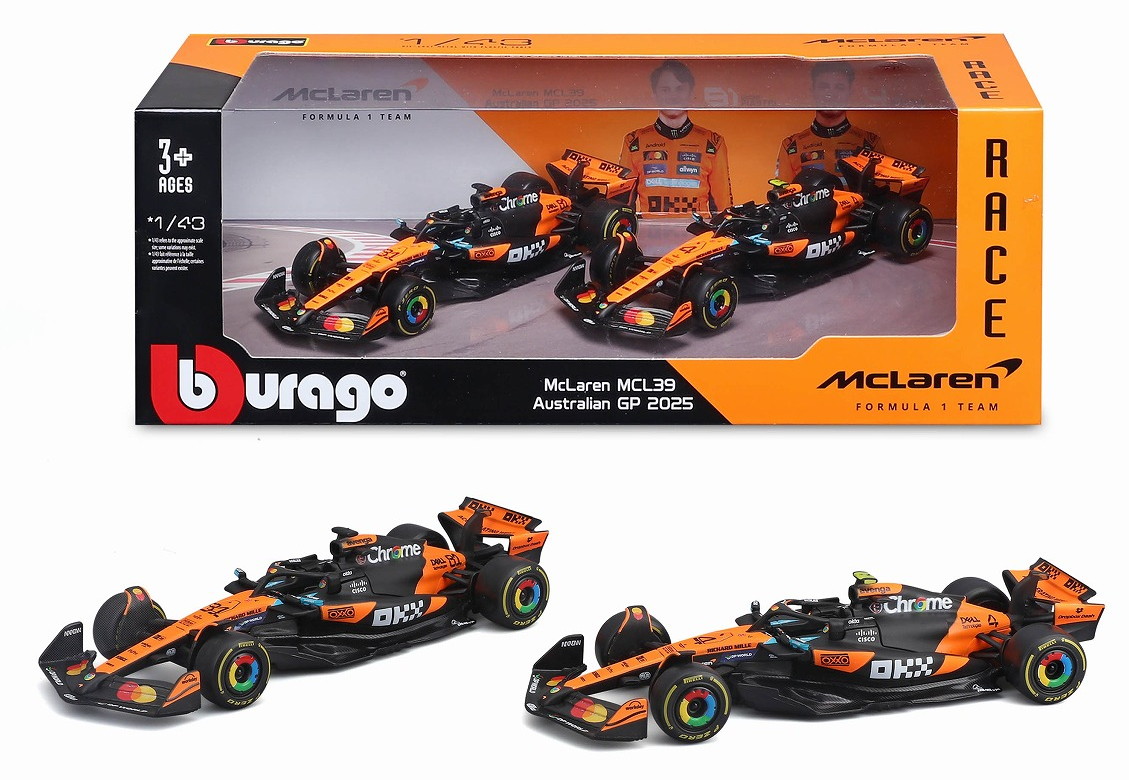 予約品　11月頃　ミニカー　BURAGO（ブラゴ） ダイキャストモデル　 1/43　BUR38202　マクラーレン F1チーム MCL39 オーストラリアGP 2025 No.4 L.ノリス / No.81 O.ピアストリ 2台セット ウィンドウボックス　4548565530038