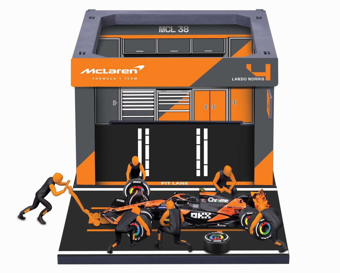 お取り寄せ予約品　2026年2月頃　ミニカー　BURAGO（ブラゴ） ダイキャストモデル　1/43　BUR38451N　マクラーレン F1 チーム PIT PASS セット MCL38  No,4 L.ノリス(クルー×6pcs、パドックガレージ)　4548565512287