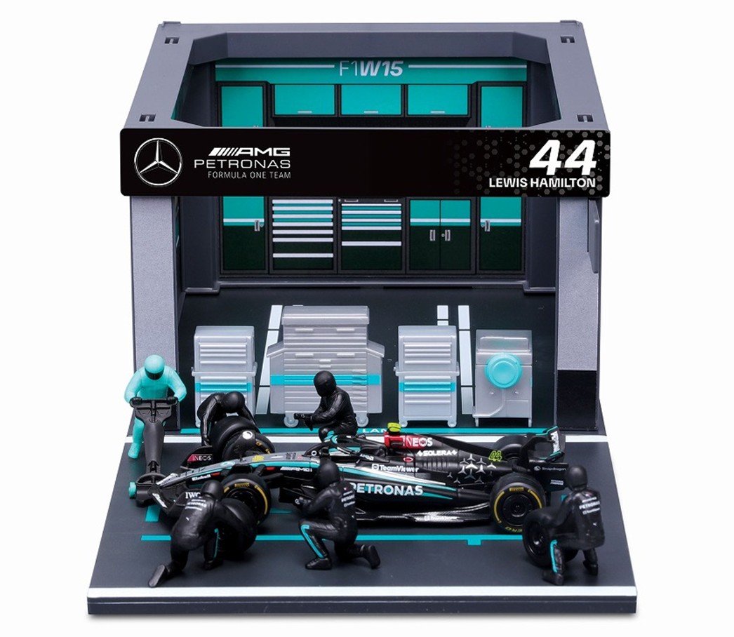 予約品　2026年2月頃　ミニカー　BURAGO（ブラゴ） ダイキャストモデル　1/43　BUR38452H　メルセデス-AMG ペトロナス F1チーム PIT PASS セット W15  No,44 L.ハミルトン(クルー×6pcs、パドックガレージ)　4548565512249