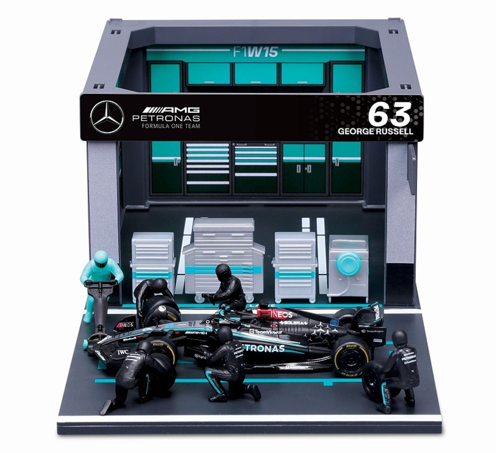 予約品　2026年2月頃　ミニカー　BURAGO（ブラゴ） ダイキャストモデル　1/43　BUR38452R　メルセデス-AMG ペトロナス F1チーム PIT PASS セット W15  No,63 G.ラッセル(クルー×6pcs、パドックガレージ)　4548565512256