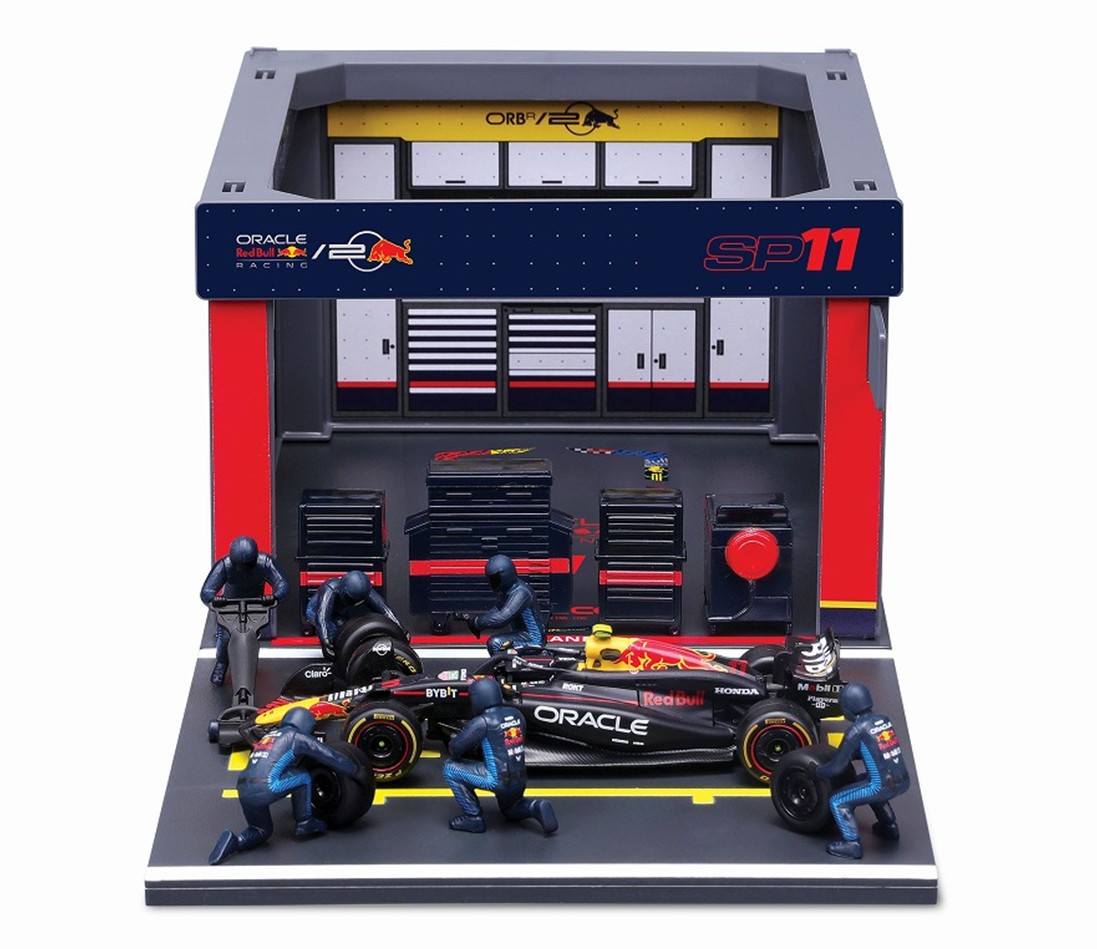 予約品　2026年2月頃　ミニカー　BURAGO（ブラゴ） ダイキャストモデル　1/43　BUR38453P　オラクル レッドブル レーシング PIT PASS セット RB20 No,11 S.ペレス (クルー×6pcs、パドックガレージ)　4548565512270