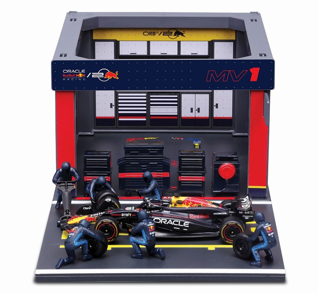 お取り寄せ予約品　2026年2月頃　ミニカー　BURAGO（ブラゴ） ダイキャストモデル　1/43　BUR38453V　オラクル レッドブル レーシング PIT PASS セット RB20 No,1  M.フェルスタッペン(クルー×6pcs、パドックガレージ)　4548565512263