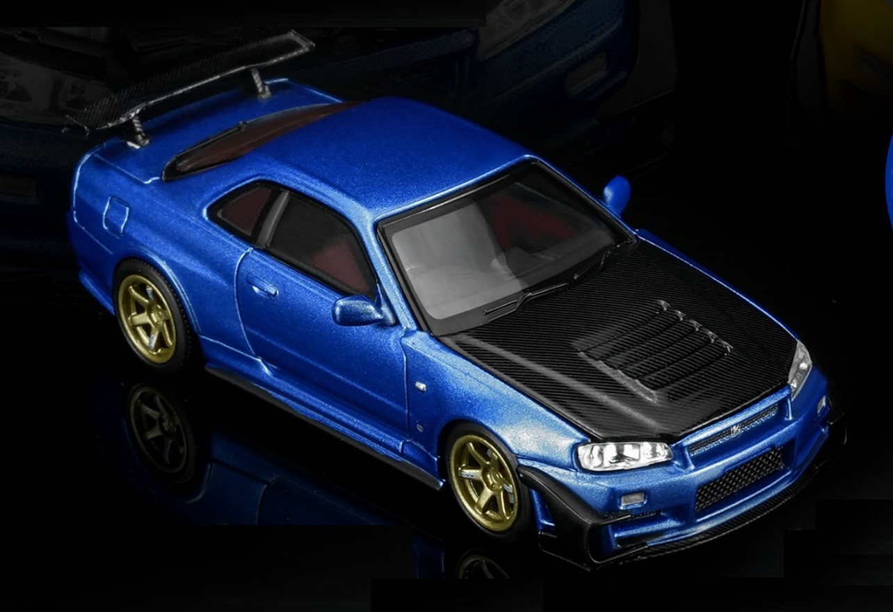 予約品　12月以降順次　ミニカー  MOTORHELIX　ダイキャストモデル　1/64　M63476　日産スカイライン Nissan Skyline GT-R (R34) Customized Bayside Blue w/GT Aero Kit　4573630209090