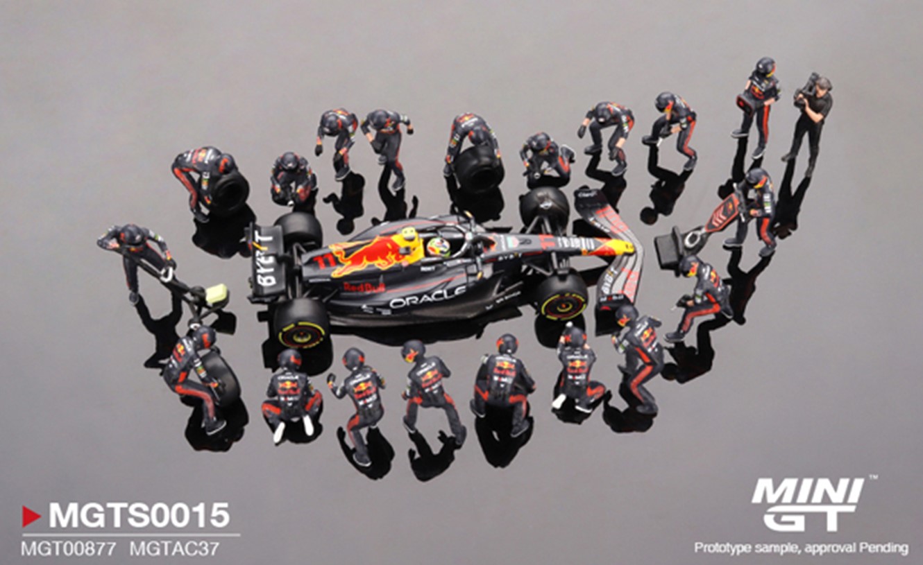 予約品　2025年４月以降順次　ミニカー　MINI-GT ダイキャスト製　1/64　MGTS0015　オラクル レッドブル レーシング RB19 2023 #11 日本グランプリ Sergio Perez ピットクルーセット (5000セット限定)　840456300428