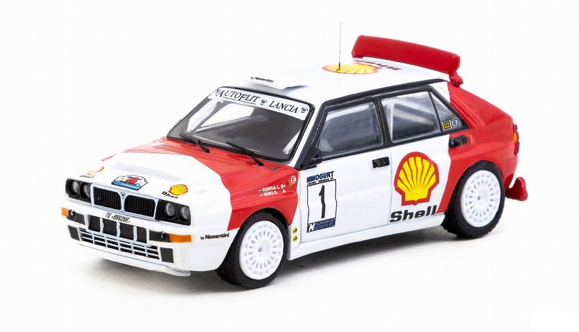 予約品　2026年5月頃　ミニカー　TARMAC（ターマック）ダイキャスト製　1/64　T64-049-93MSR01　ランチャデルタ Lancia Delta HF Integrale Mogurt-Salgo Rallye 1993 優勝 Laszlo Sen Ranga / Erno Buki　9581015735398