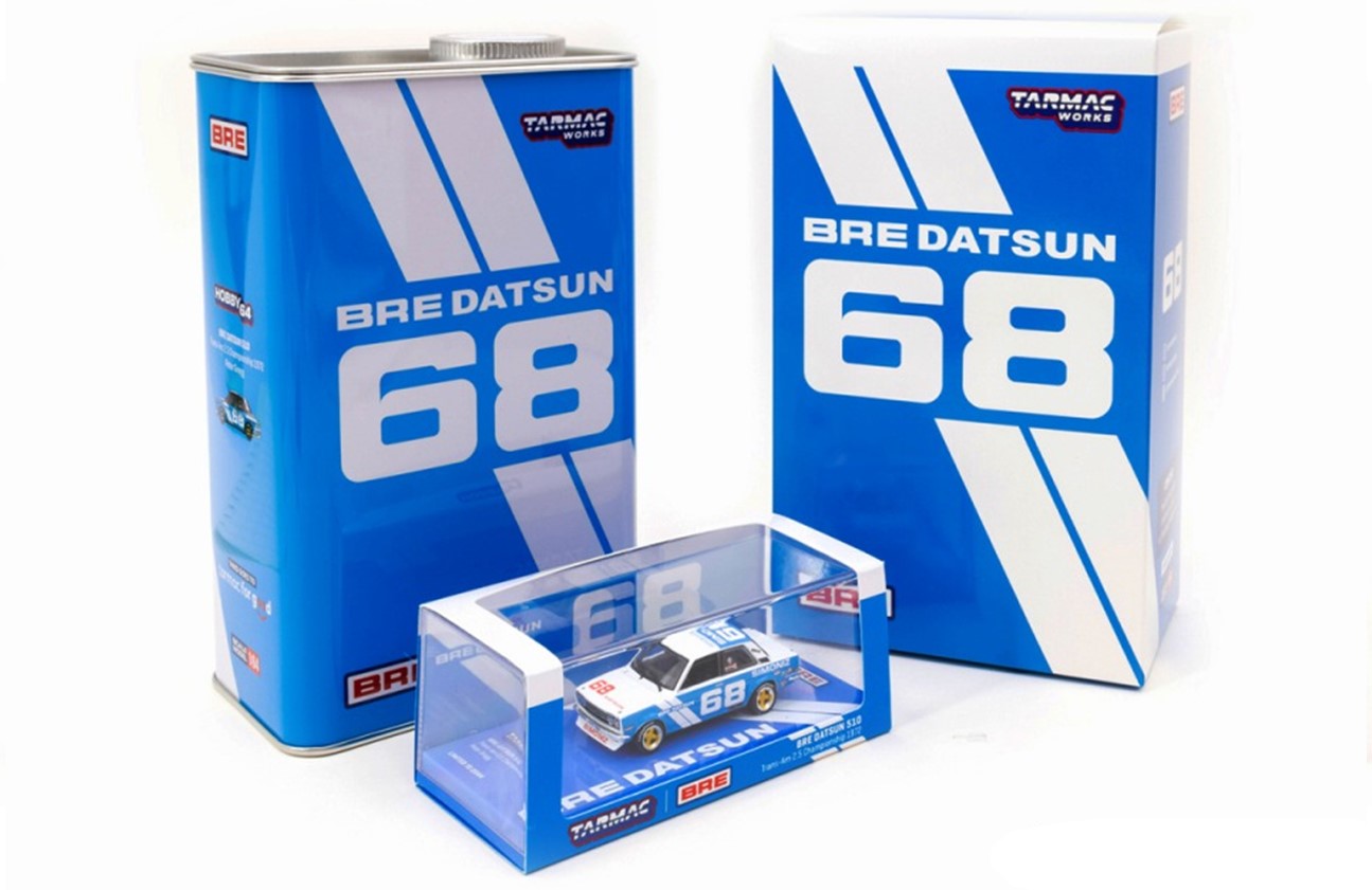 予約品　11月頃　ミニカー　TARMAC WORKS（ターマックワークス）　1/64　T64-052-BRE68　ダットサン BRE Datsun 510 Trans-Am 2.5 Championship 1972 Peter Gregg With BRE metal oil can　9580015718929