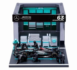 予約品　2026年2月頃　ミニカー　BURAGO（ブラゴ） ダイキャストモデル　1/43　BUR38452R　メルセデス-AMG ペトロナス F1チーム PIT PASS セット W15  No,63 G.ラッセル(クルー×6pcs、パドックガレージ)　4548565512256