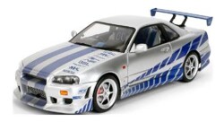 予約品　10月頃　ミニカー　ジャダトイズ JADATOYS　ワイルドスピード シリーズ　ダイキャストモデル（開閉機構付）　1/18　JADA37771　F&F ニッサン スカイライン GT-R (R34) シルバー (ブライアン)　4548565532353