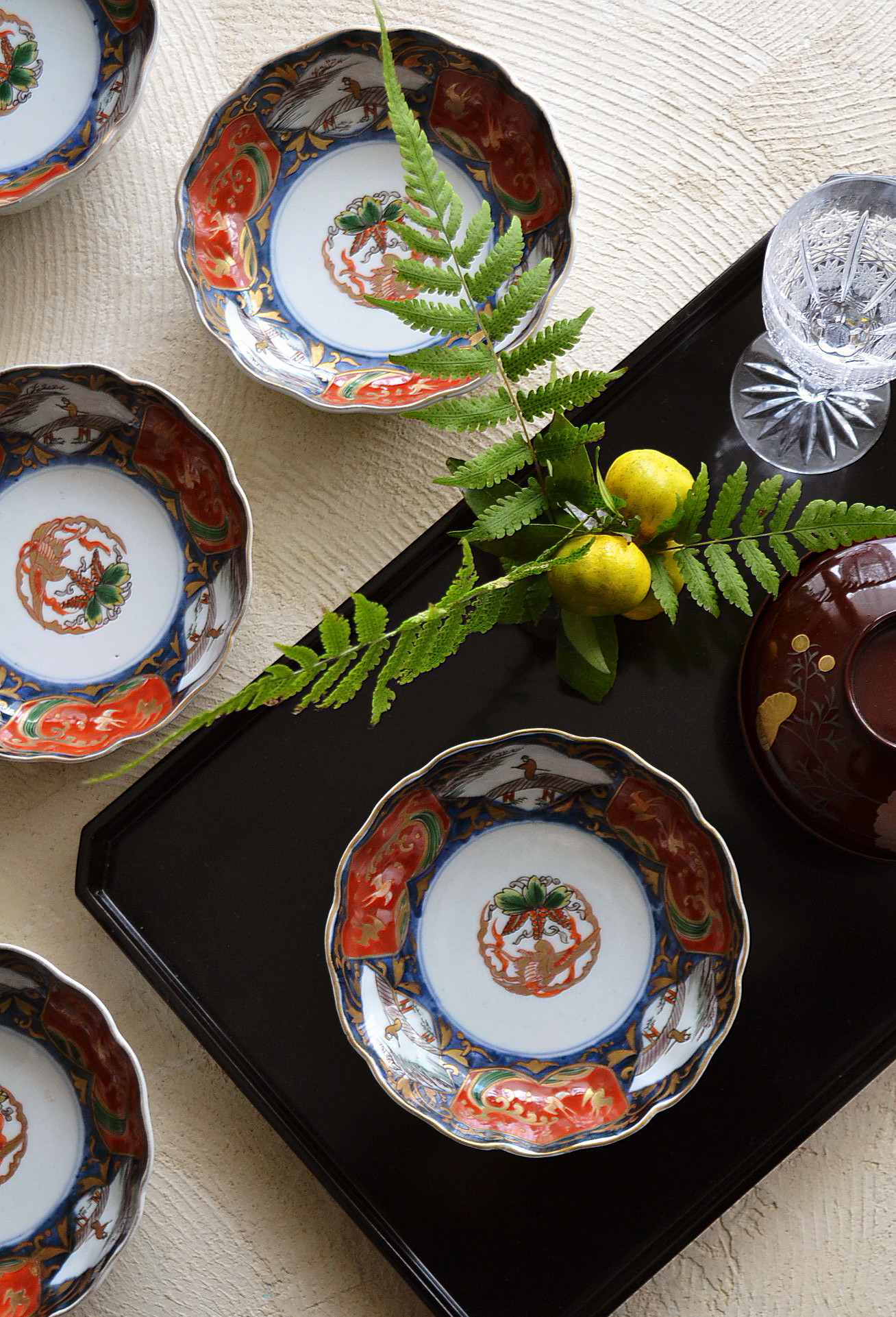 なます皿 5枚 ニュウ 金彩 松竹梅 龍 牡丹 蛸唐草 江戸 明治