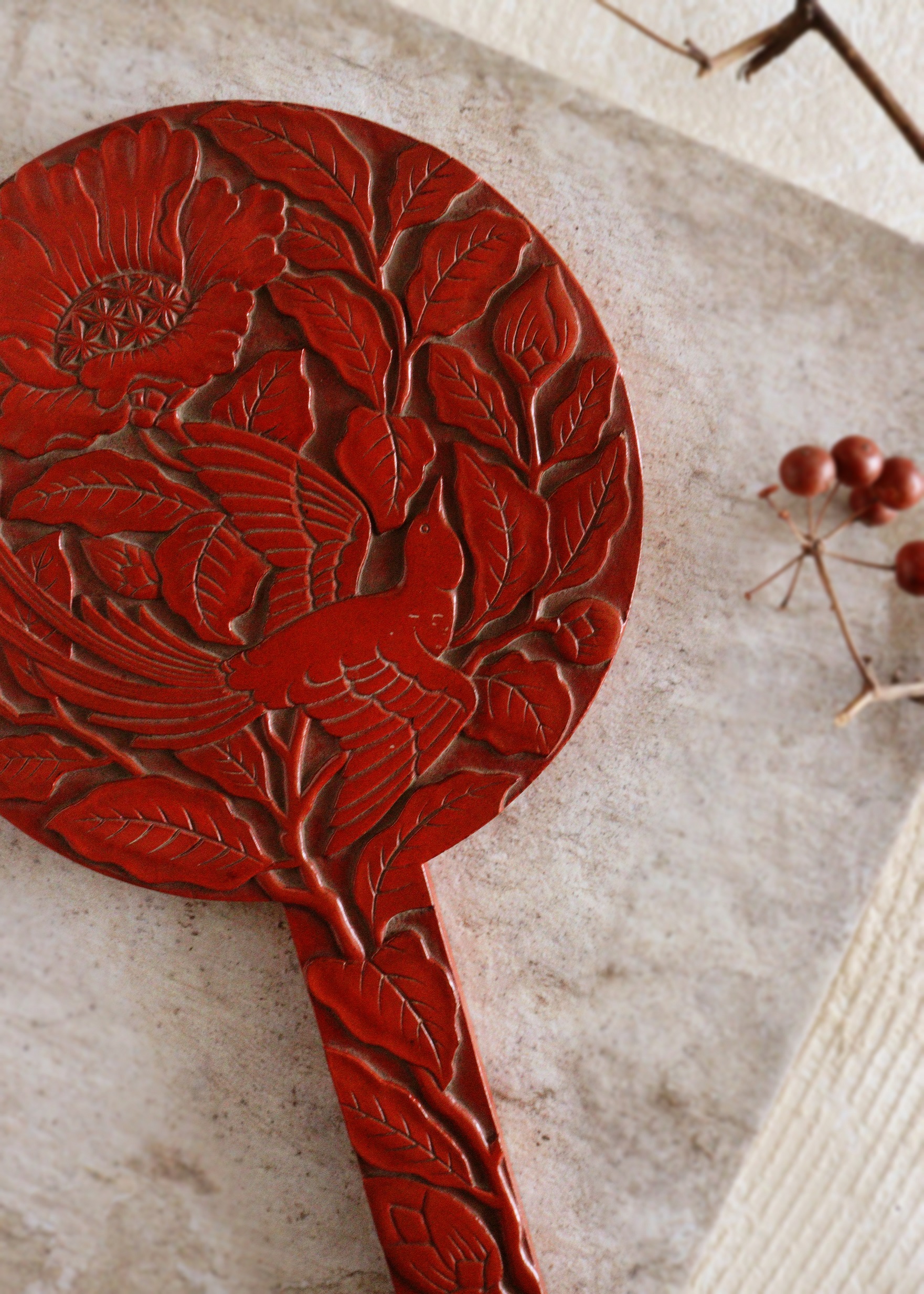 鎌倉彫手鏡 堆朱のような手鏡 花鳥図 手仕事 民藝 朱塗 手鏡