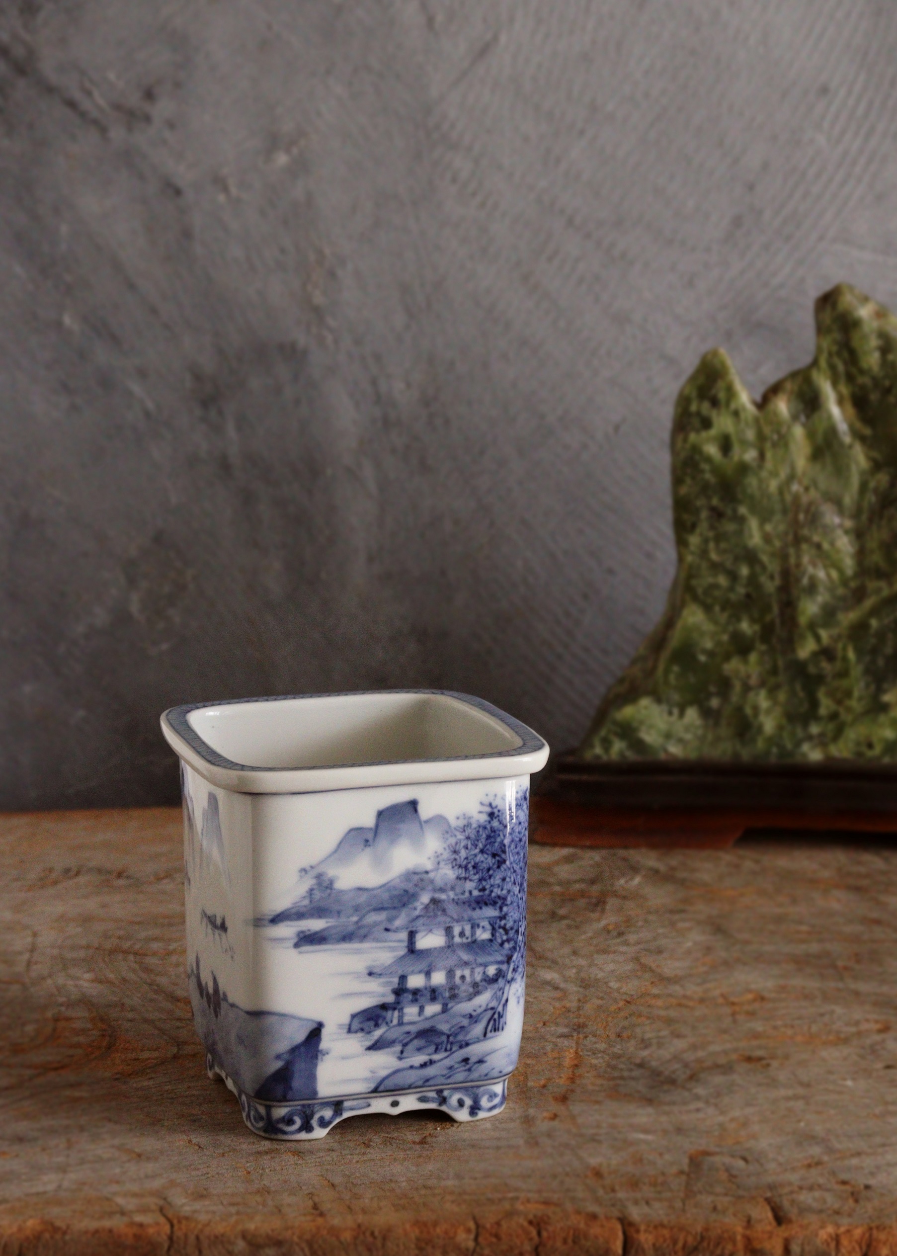 九谷名工 山本長左作 藍九谷 染付 植木鉢 盆栽鉢 筆筒 Sam's