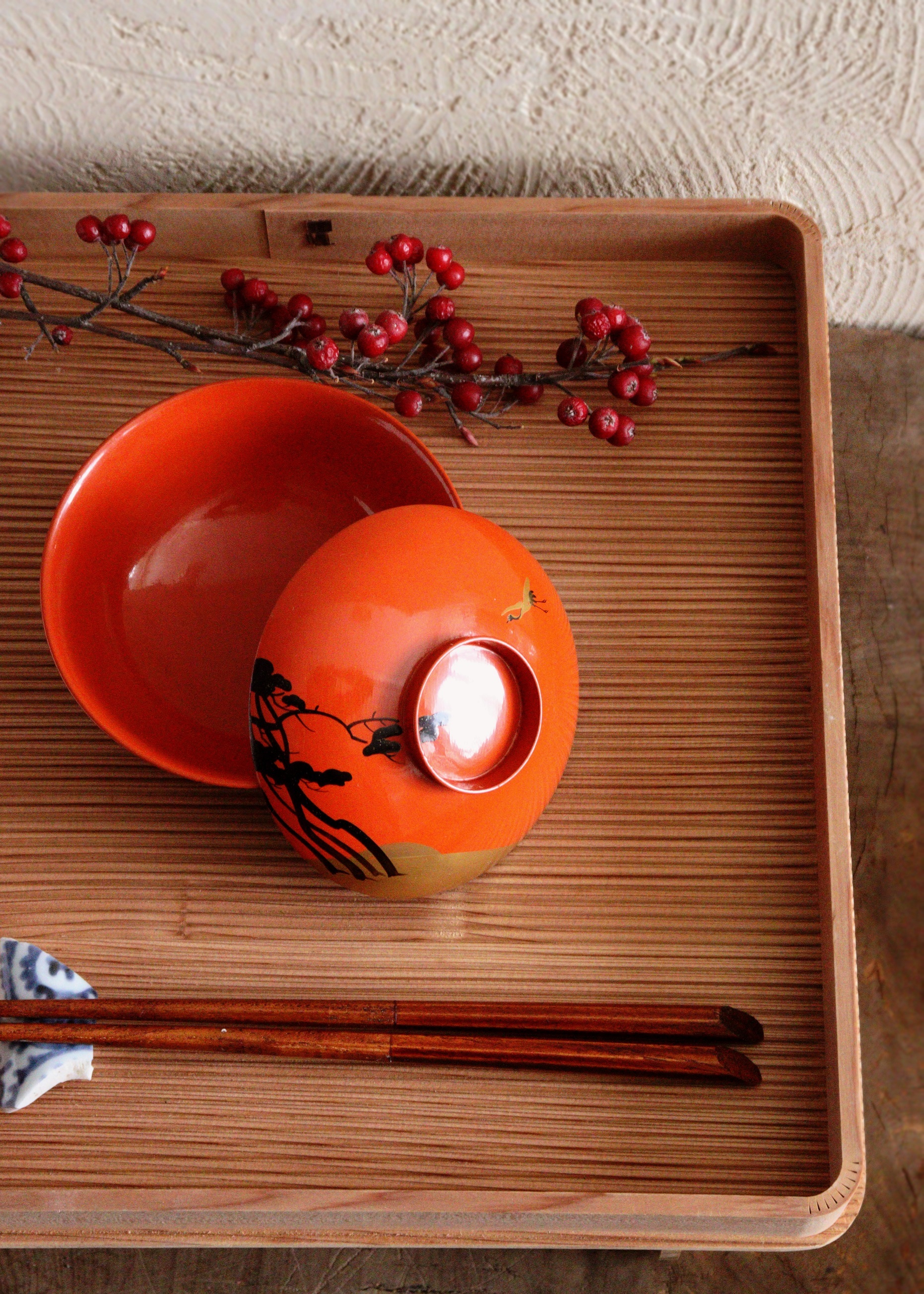 朱塗碗5客　朱塗向付　お椀　お正月　蒔絵　鶴