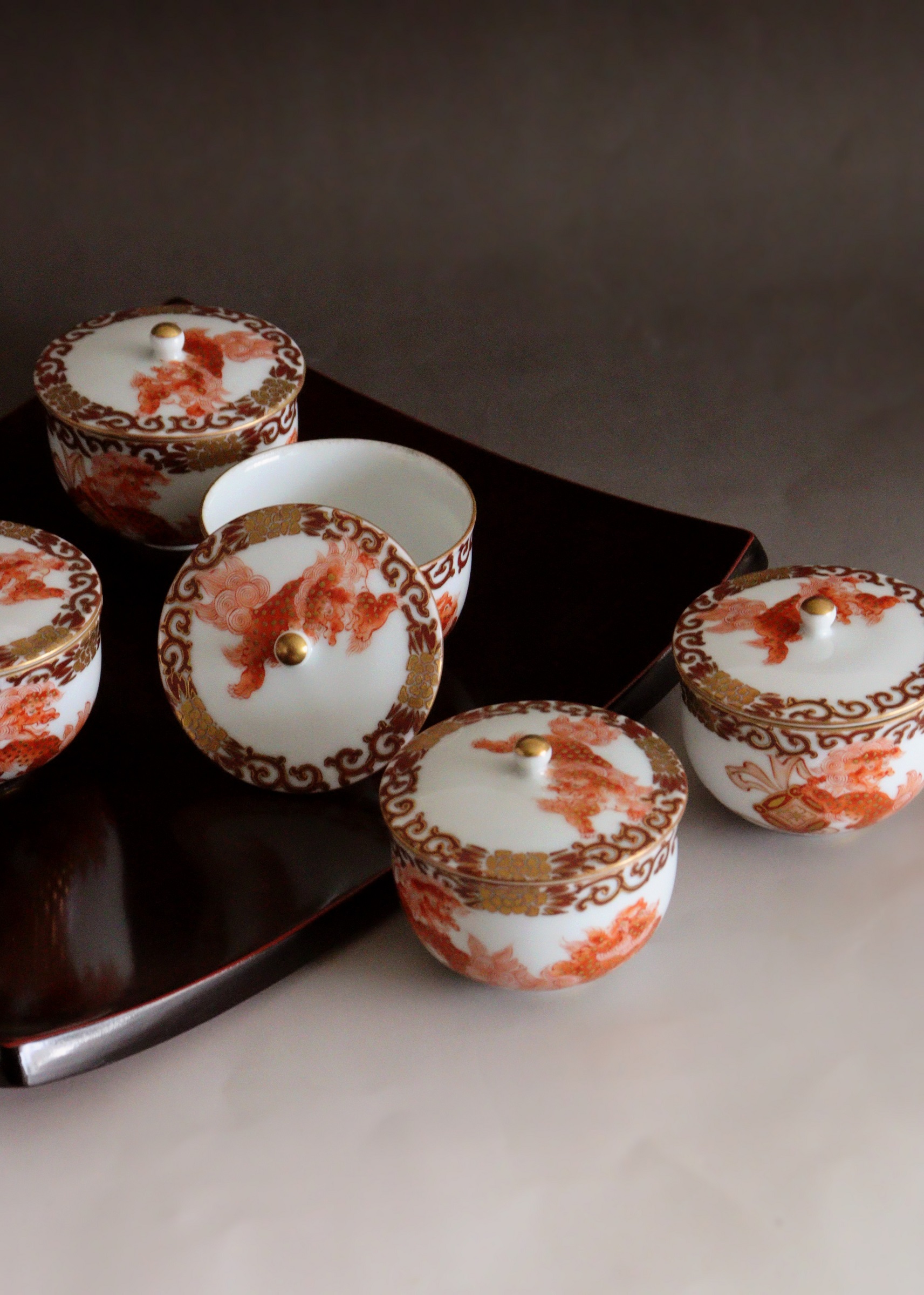 九谷鏑木窯 獅子牡丹 九谷焼煎茶茶碗5客セット 煎茶道具 小鉢 向付