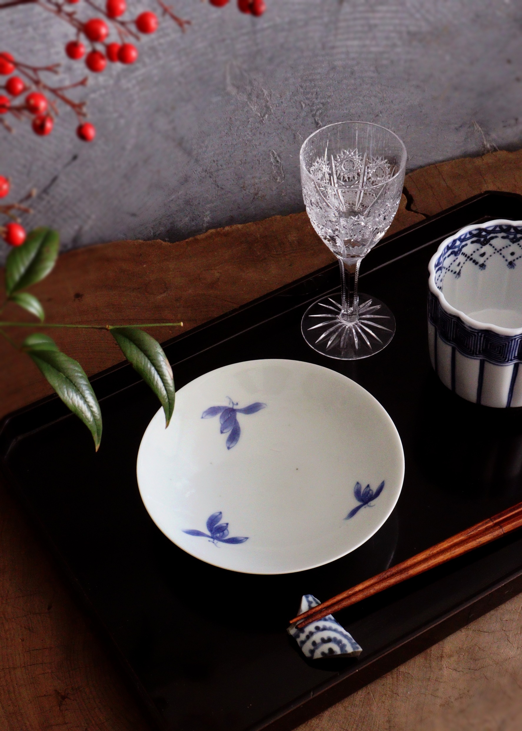 染付手書き花図16cm皿 5枚組 取り皿 盛皿 中皿 プレートAntique