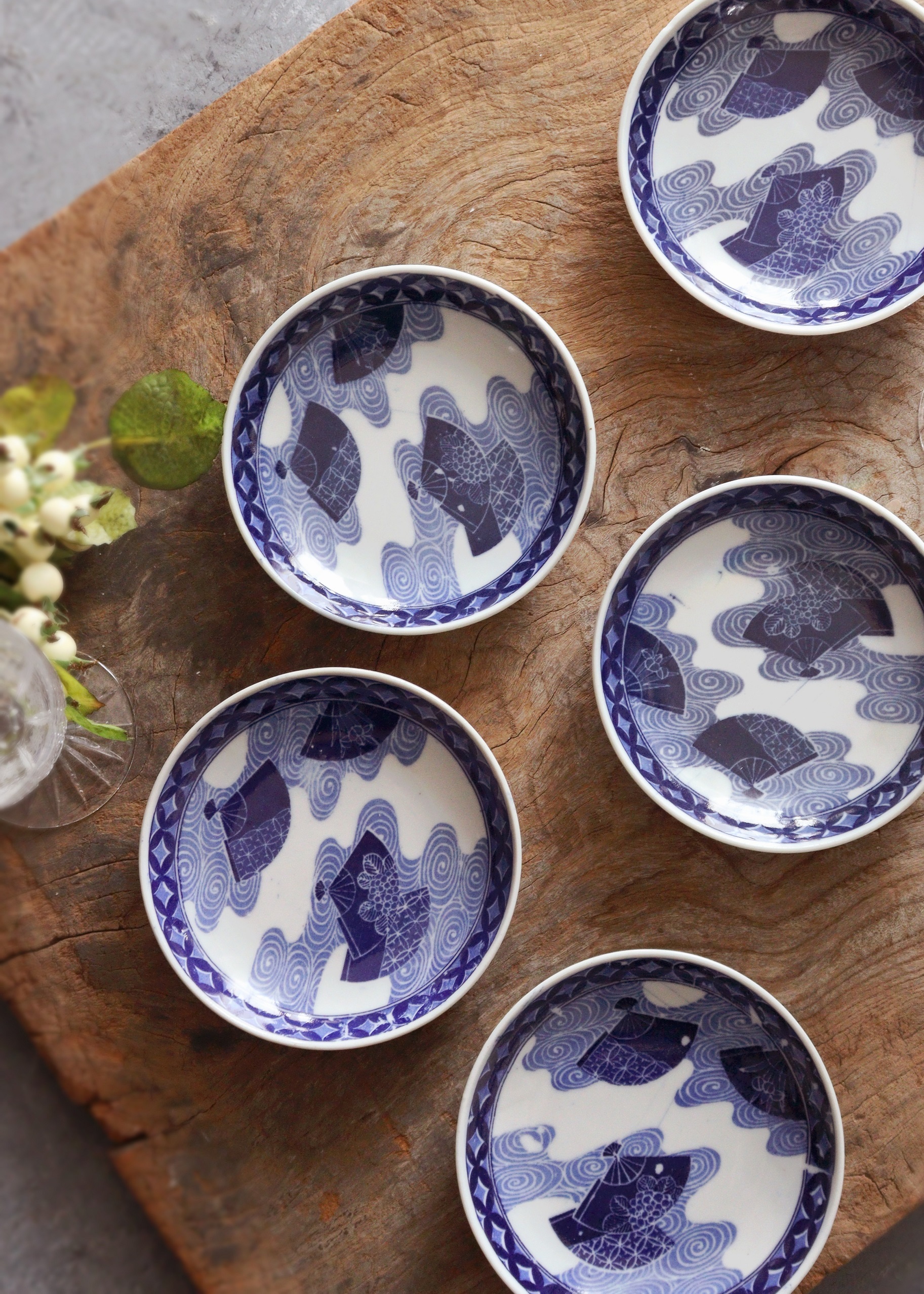 染付印判流水扇面紋小皿5枚組　取り皿　手塩皿　小皿　プレート