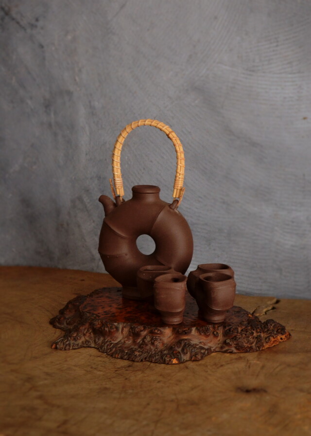 紫泥竹節偏壷型急須　茶器セット　茶碗4客　