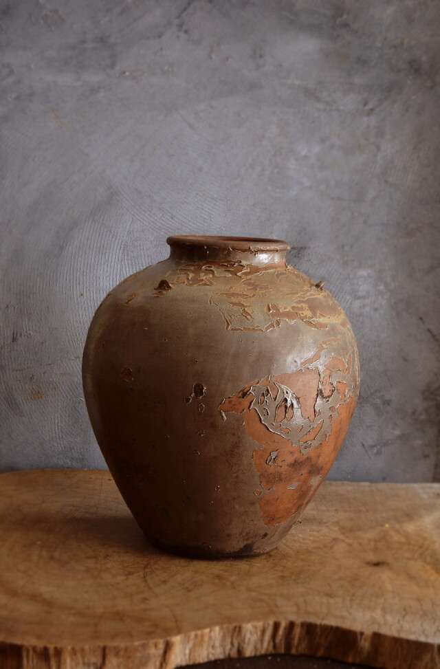 李朝　双耳　壺　花器　木箱付き　送料込み 梅花皮釉三耳壷 茶壺 花器 投げ入れ 壷 三耳壷