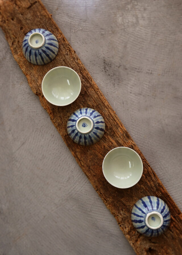 染付手描麦わら手煎茶茶碗 向付 小鉢 5客組 麦わら手 Antique