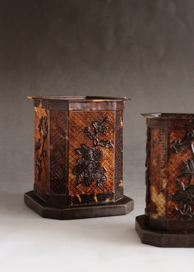 鼈甲透かし筆筒 大小 文房具 文房四方宝 中国美術 七宝 四君子紋