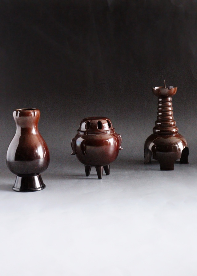 唐銅三具足　金森紹栄作　茶道具　利休忌