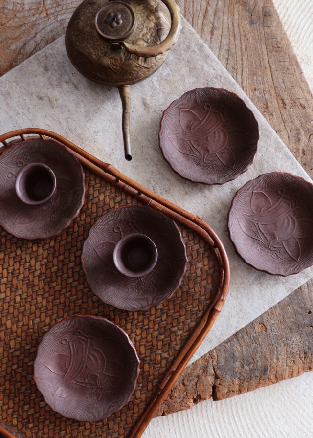 各見政峯 備前 皿 緋襷 扇面皿 5枚 共箱 備前焼 煎餅皿 橘と丁子紋様 五枚組 豆皿 小皿Antique Sam's