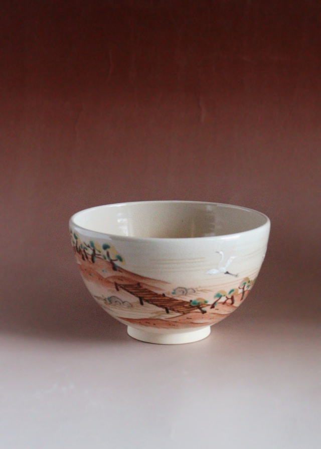 中村陶彩作茶碗 羽子板香合 京焼 茶道具 抹茶碗 お正月 鶴松
