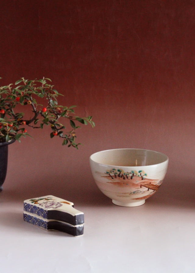 中村陶彩作茶碗 羽子板香合 京焼 茶道具 抹茶碗 お正月 鶴松