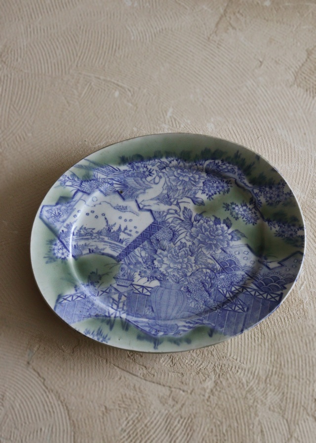 伊万里青磁染付印判花籠手楕円大皿　37ｃｍ×30ｃｍ　大皿　パスタ　オードブル　染付印判皿　花鳥図