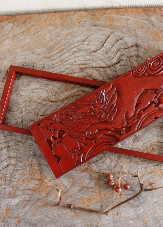 鎌倉彫　トレイ　ペン皿　煎茶盆　獅子牡丹紋　手仕事　民藝　盆