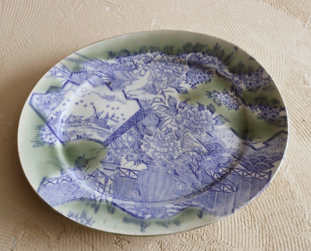 伊万里青磁染付印判花籠手楕円大皿　37ｃｍ×30ｃｍ　大皿　パスタ　オードブル　染付印判皿　花鳥図